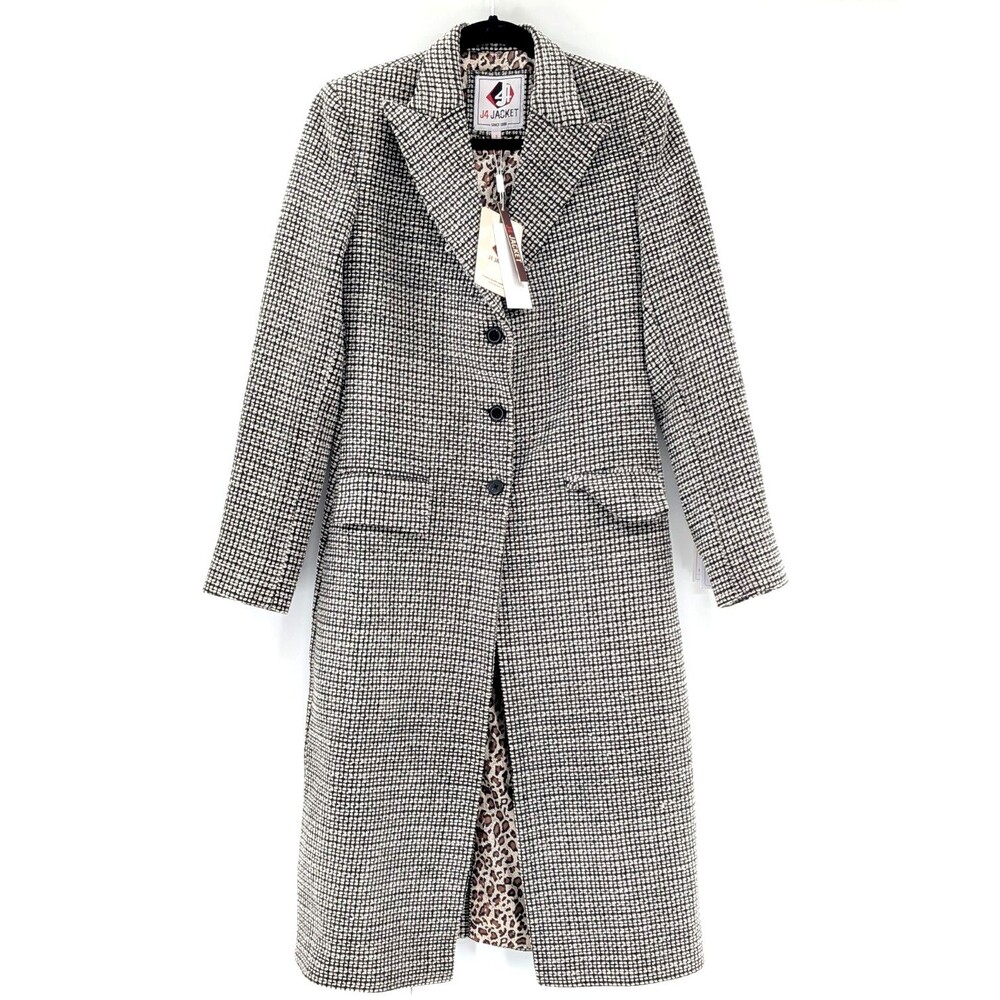 J4 Jacket Long Black White Grain Leather Woven Collared Button Up Slits Size S